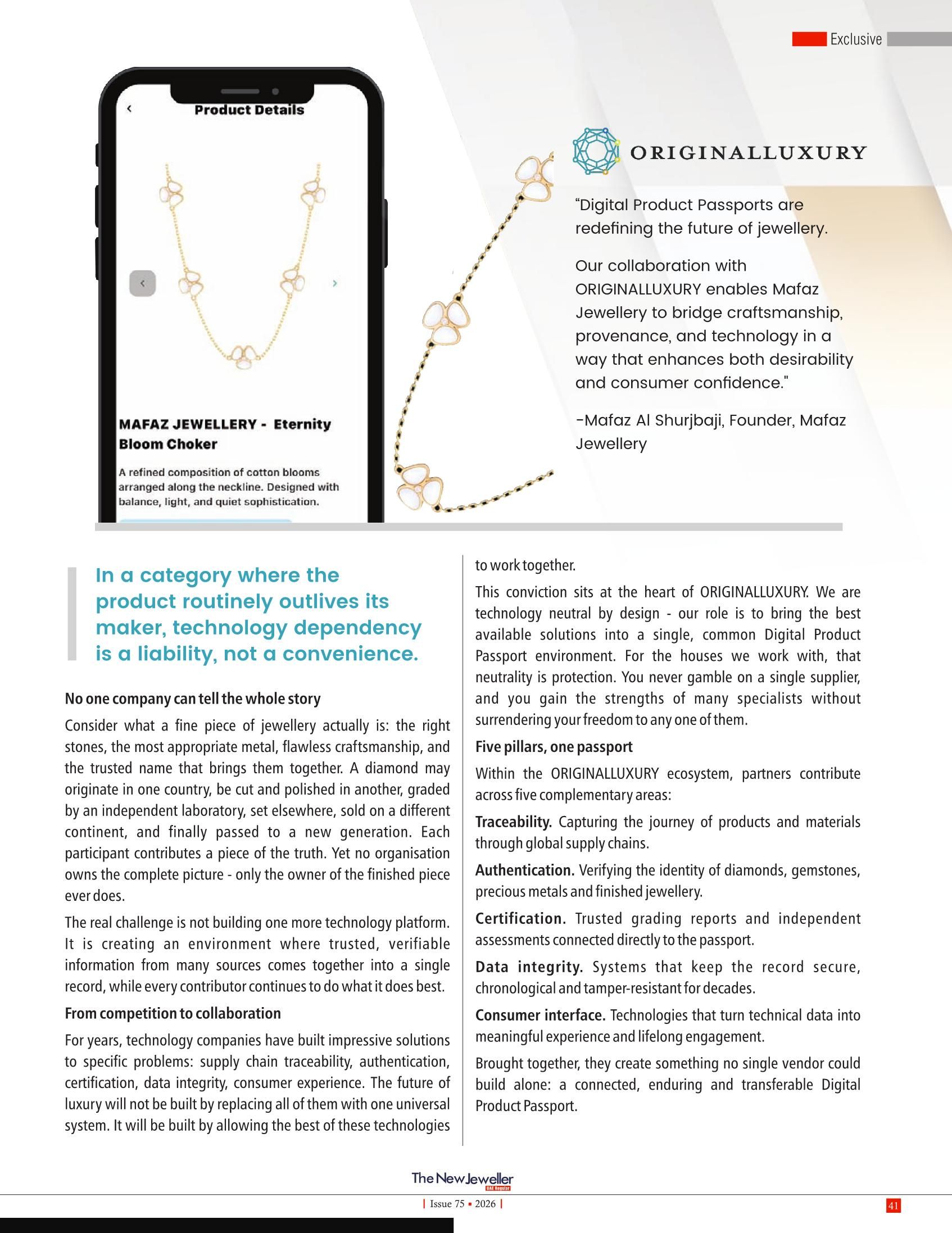 The New Jeweller UAE page 41 featuring the Eternity Bloom Choker and a quote from Mafaz Al Shurbaji